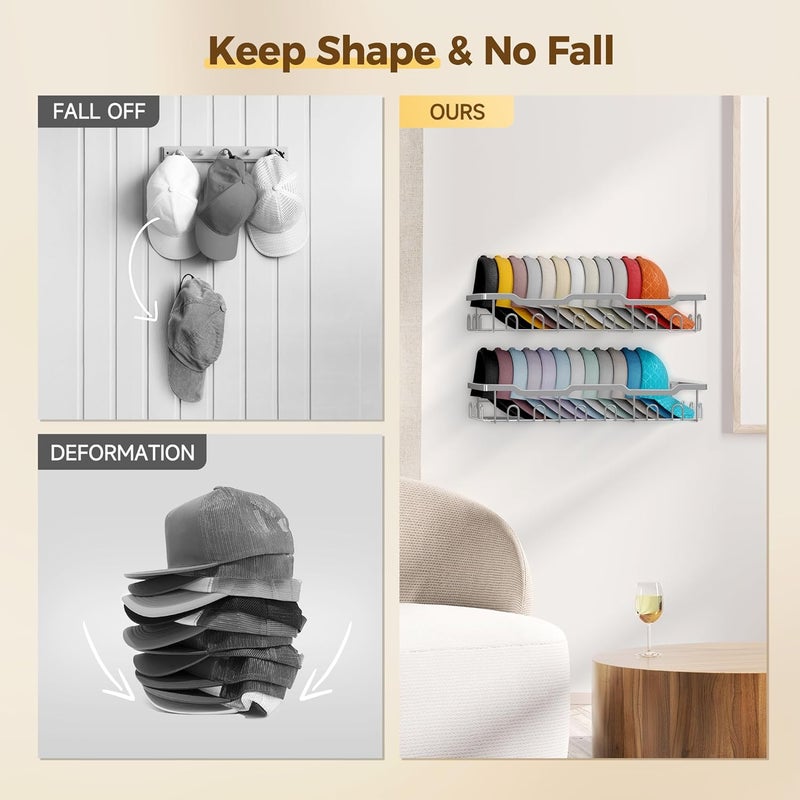 Nicetree Hat Racks for Baseball Caps Wall - Metal Hat Organizer for 48 Baseball Caps Holder, 2 Pack Hat Storage Organizer for Closet, Bedroom, Living Room - Image 3